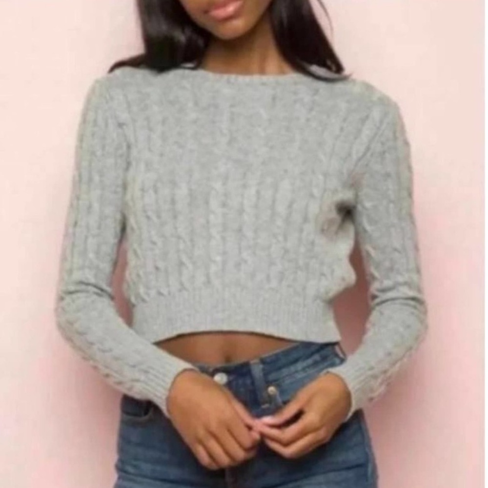 Brandy Melville Olsen Cashmere Wool Cable Knit Cropped Sweater Gray Crew-OS